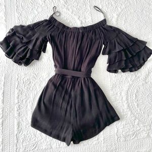 Lulus Off-the-Shoulder Black Romper with Flounce Sleeves